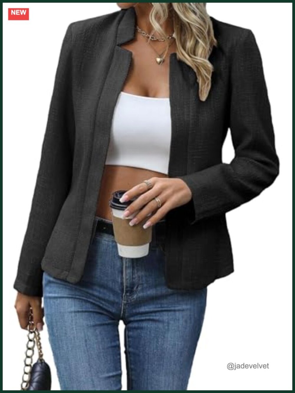 Tweed Blazer Women Open Front Business Casual Long Sleeve Jacket